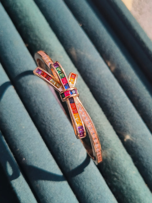 Anti-Tarnish Rose Gold Bow Design CZ Bracelet with Multicolour Stones