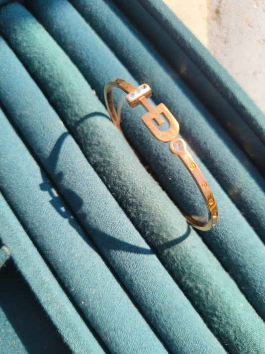 Anti-Tarnish Gold Plated Lock Charm CZ Bangle Bracelet