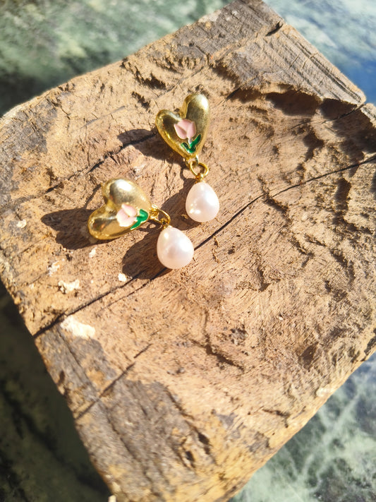 Heart Pearl Drop Earrings for Women | Floral Enamel Heart Stud Earrings | Elegant Party & Daily Wear Jewelry