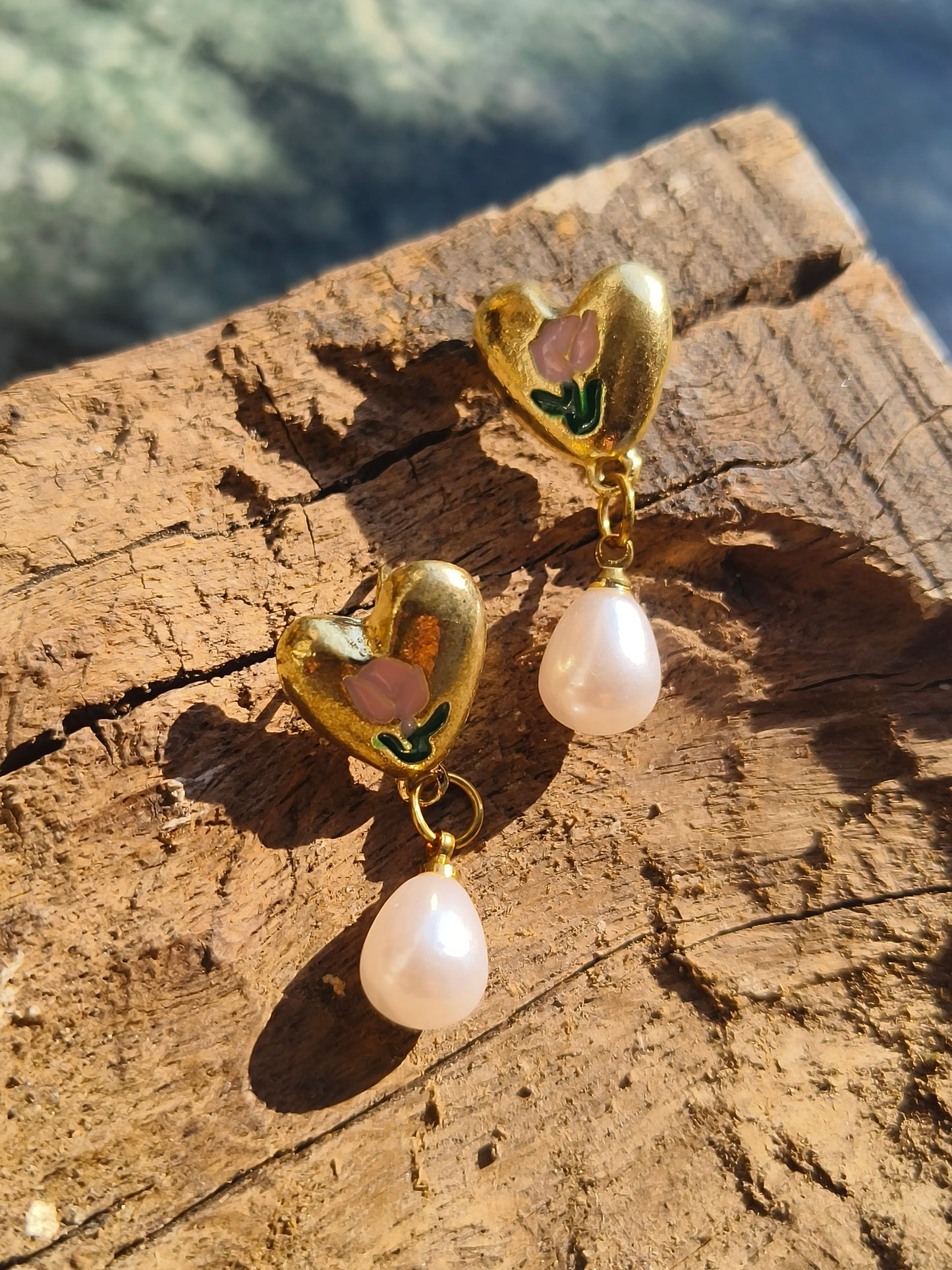 Heart Pearl Drop Earrings for Women | Floral Enamel Heart Stud Earrings | Elegant Party & Daily Wear Jewelry