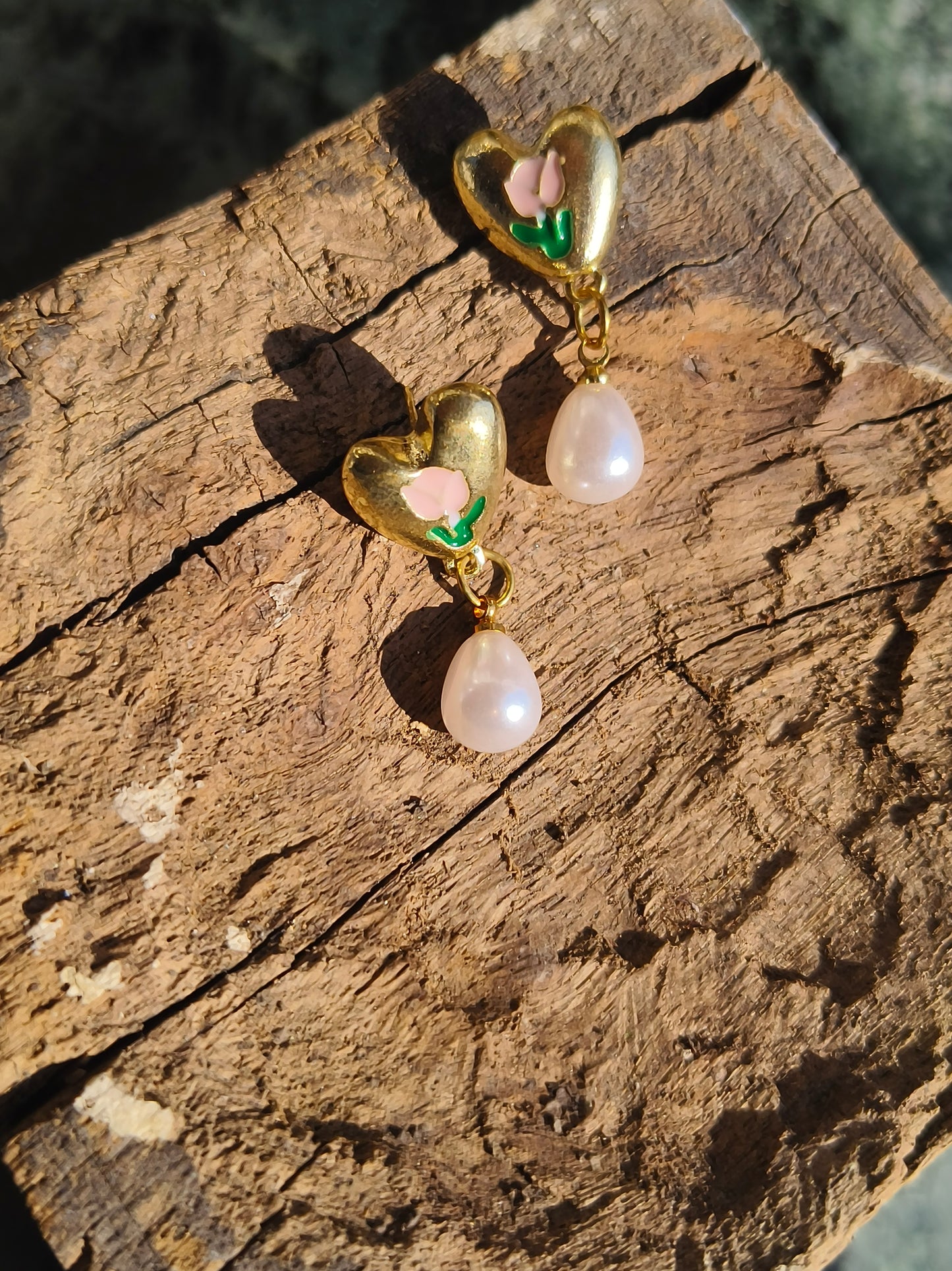 Heart Pearl Drop Earrings for Women | Floral Enamel Heart Stud Earrings | Elegant Party & Daily Wear Jewelry