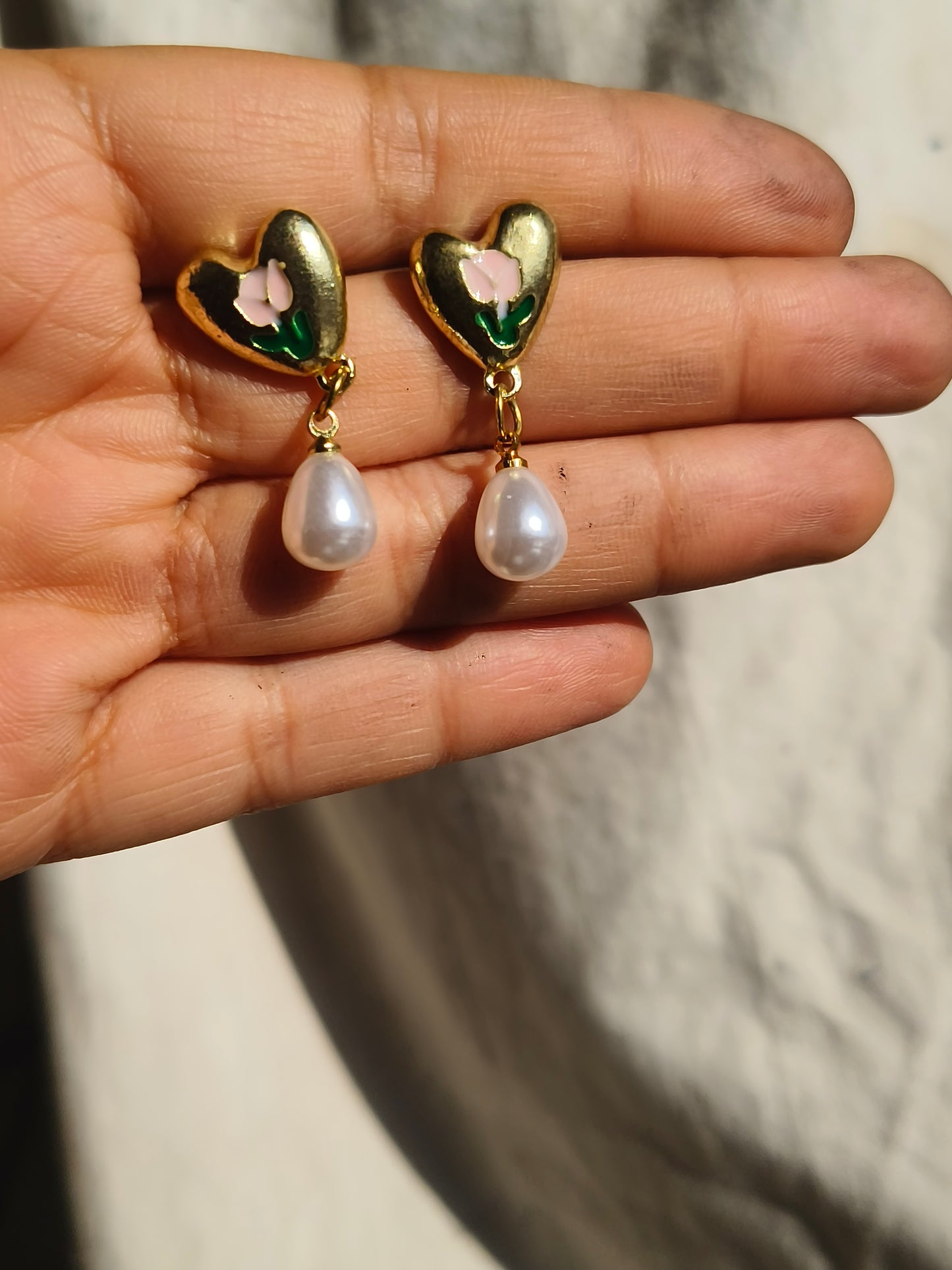 Heart Pearl Drop Earrings for Women | Floral Enamel Heart Stud Earrings | Elegant Party & Daily Wear Jewelry