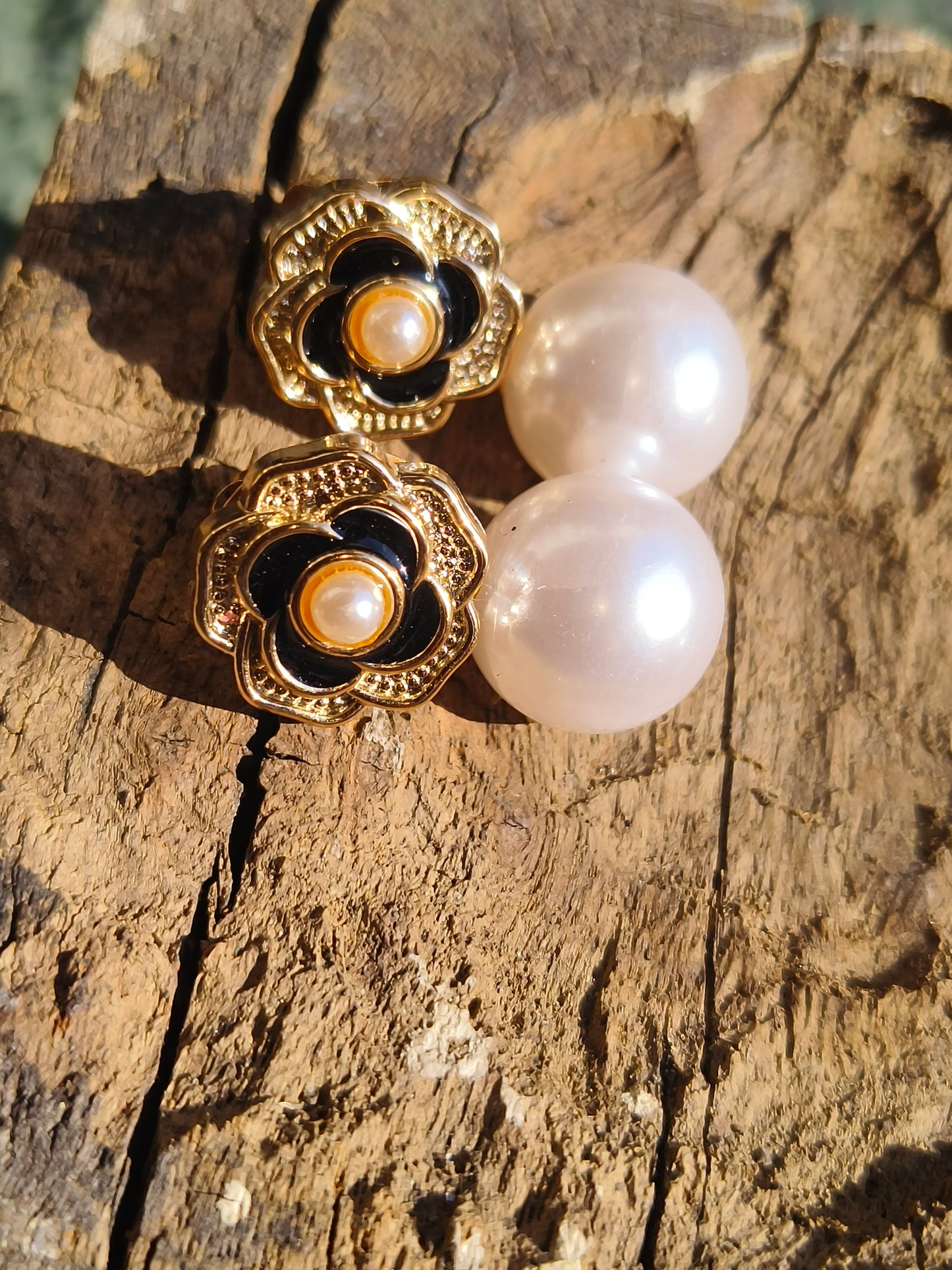 Gold Black Floral Pearl Drop Earrings for Women | Designer Flower Pearl Earrings | Elegant Party & Festive Wear Jewelry