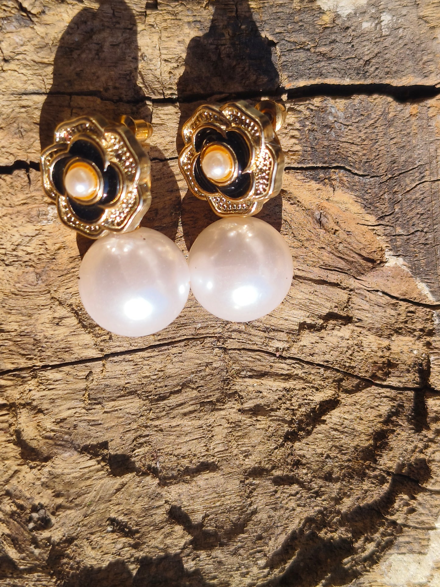 Gold Black Floral Pearl Drop Earrings for Women | Designer Flower Pearl Earrings | Elegant Party & Festive Wear Jewelry