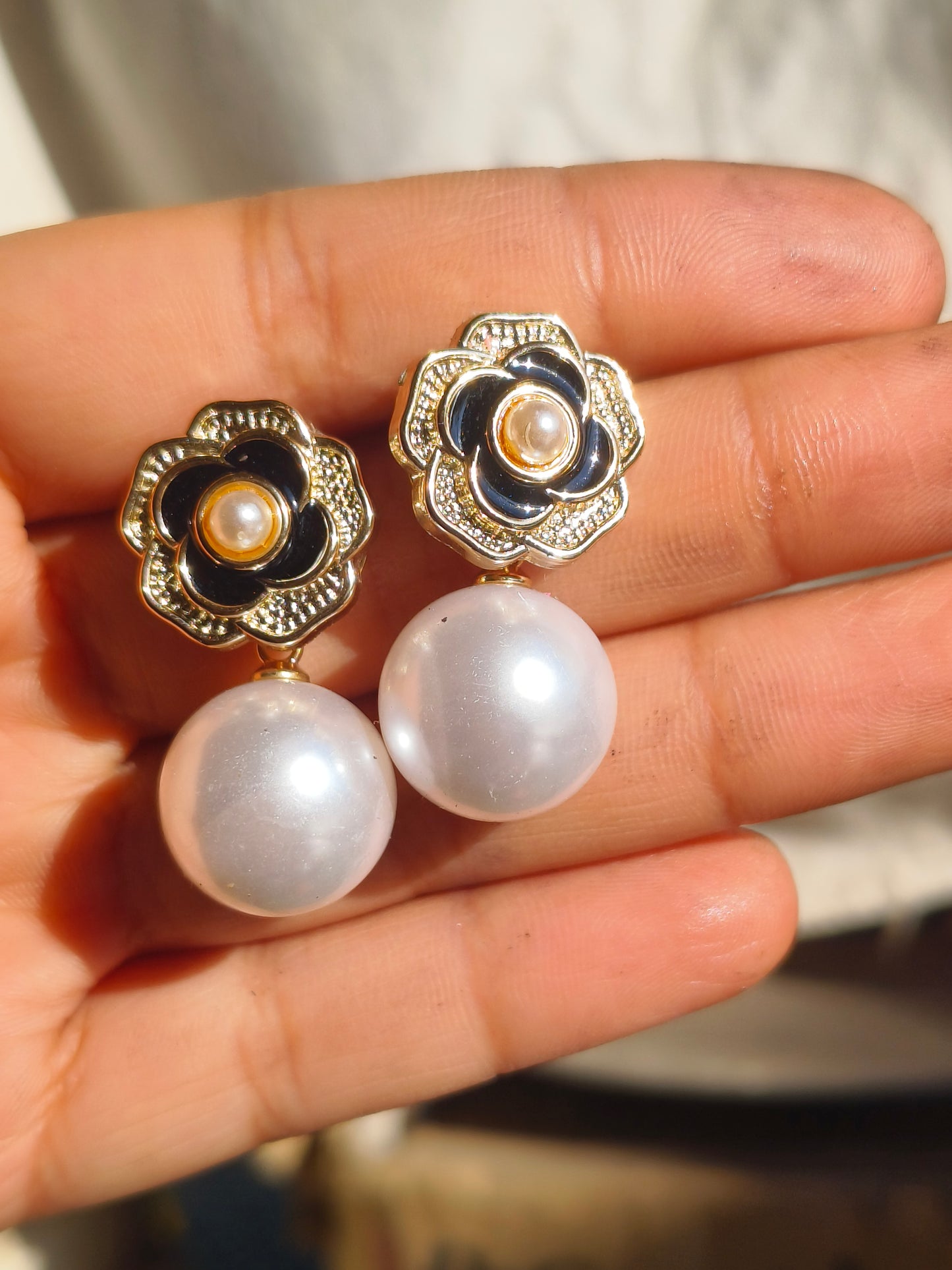 Gold Black Floral Pearl Drop Earrings for Women | Designer Flower Pearl Earrings | Elegant Party & Festive Wear Jewelry