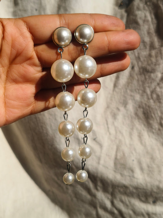 Silver Multi Pearl Long Drop Earrings for Women | Layered Pearl Dangle Earrings | Elegant Party & Occasion Wear Jewelry