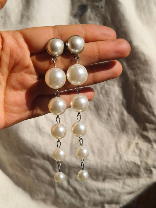 Silver Multi Pearl Long Drop Earrings for Women | Layered Pearl Dangle Earrings | Elegant Party & Occasion Wear Jewelry