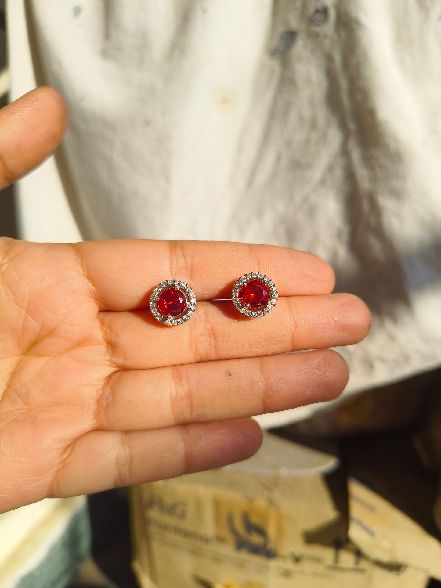 Anti Tarnish Silver red round Stud Earrings for Women | AD Halo Diamond Look Earrings