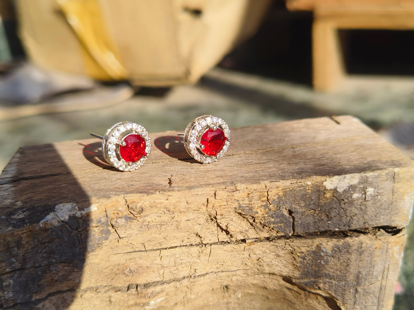 Anti Tarnish Silver red round Stud Earrings for Women | AD Halo Diamond Look Earrings