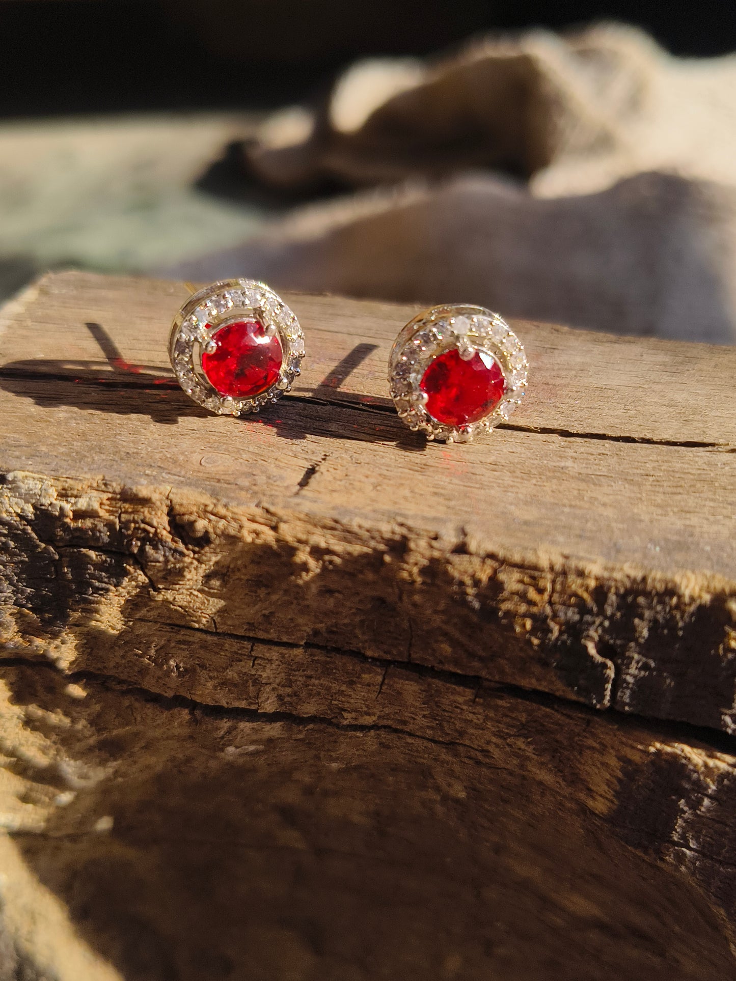 Anti Tarnish Silver red round Stud Earrings for Women | AD Halo Diamond Look Earrings