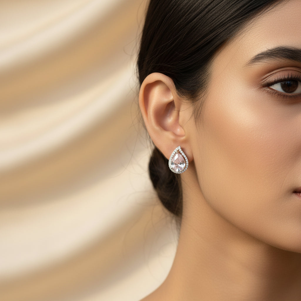 Anti Tarnish Silver Clear Teardrop Stud Earrings for Women | AD Halo Diamond Look Earrings
