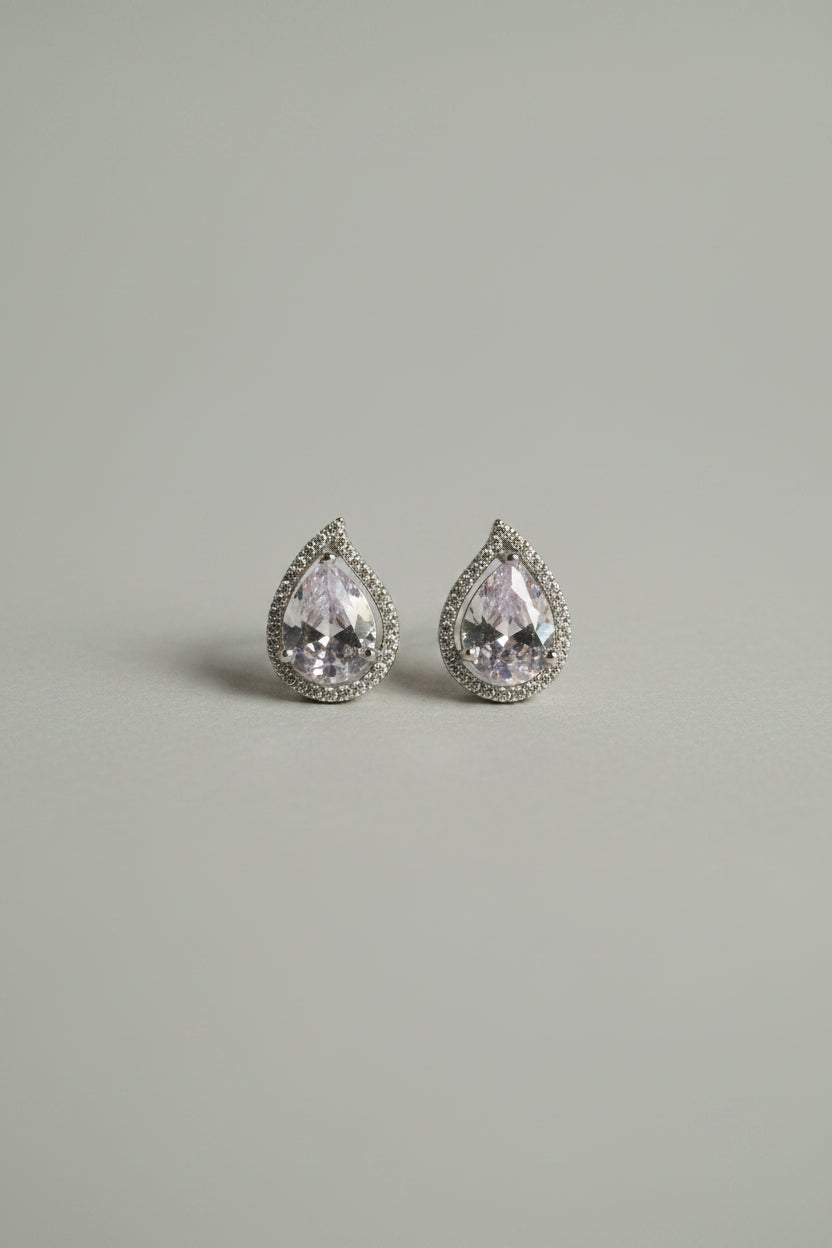 Anti Tarnish Silver Clear Teardrop Stud Earrings for Women | AD Halo Diamond Look Earrings