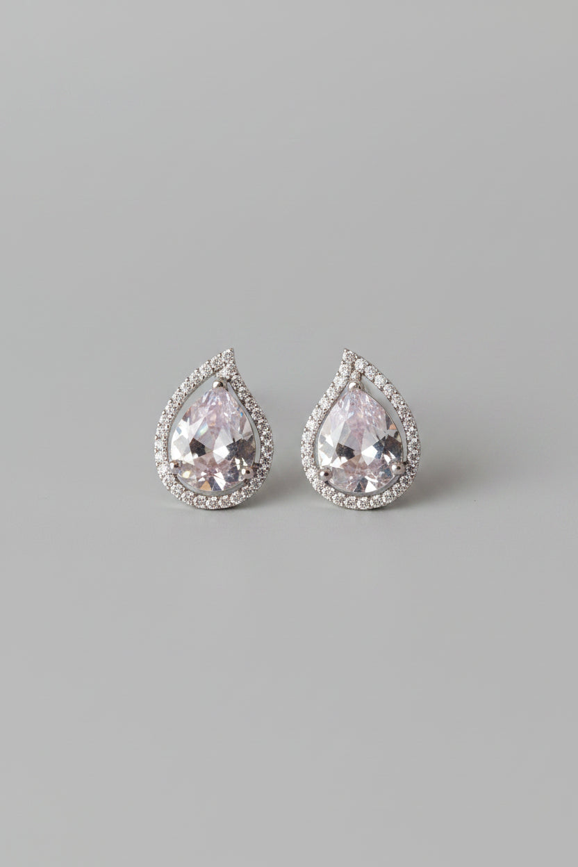 Anti Tarnish Silver Clear Teardrop Stud Earrings for Women | AD Halo Diamond Look Earrings