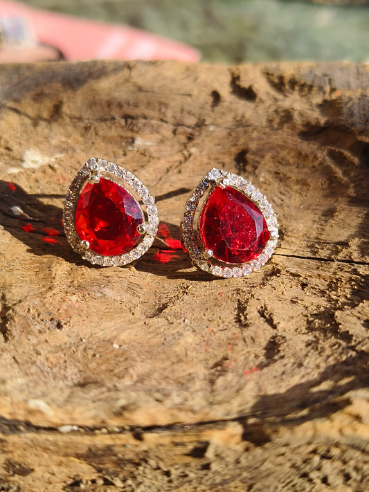 Anti Tarnish Silver Red Teardrop Stud Earrings for Women | AD Border Ruby Look Earrings