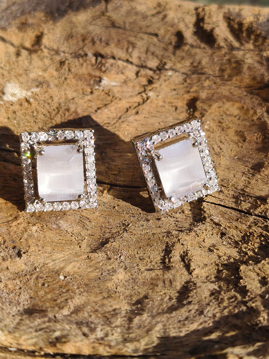 Anti Tarnish Silver Square Stud Earrings for Women | AD Border Cat Eye Stone Earrings