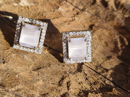 Anti Tarnish Silver Square Stud Earrings for Women | AD Border Cat Eye Stone Earrings