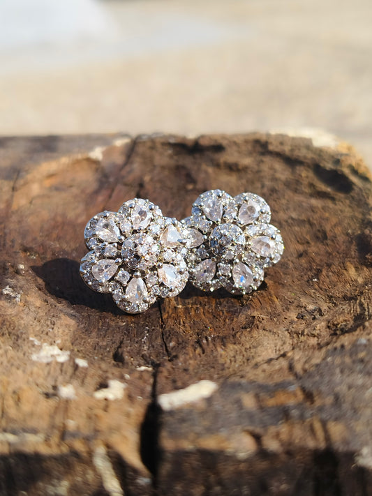 American Diamond Floral Stud Earrings | Silver Finish AD Earrings