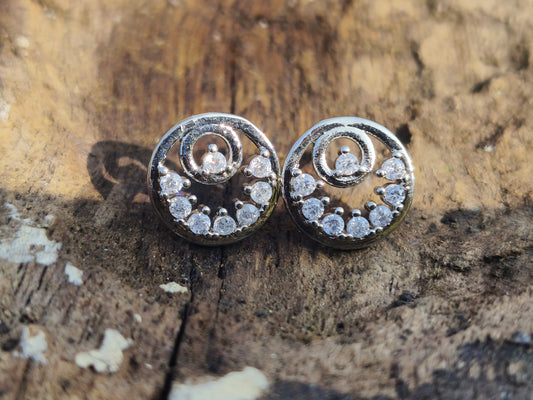 American Diamond Swirl Round Stud Earrings | Silver Finish AD Earrings