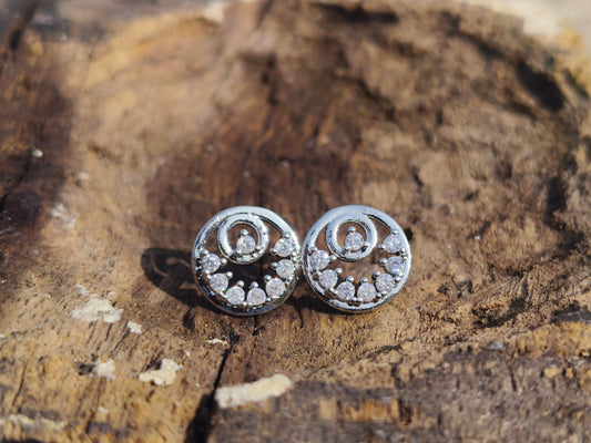 American Diamond Swirl Round Stud Earrings | Silver Finish AD Earrings
