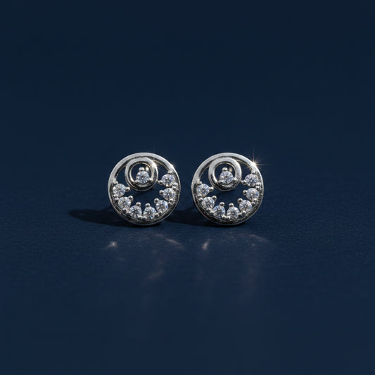 American Diamond Swirl Round Stud Earrings | Silver Finish AD Earrings