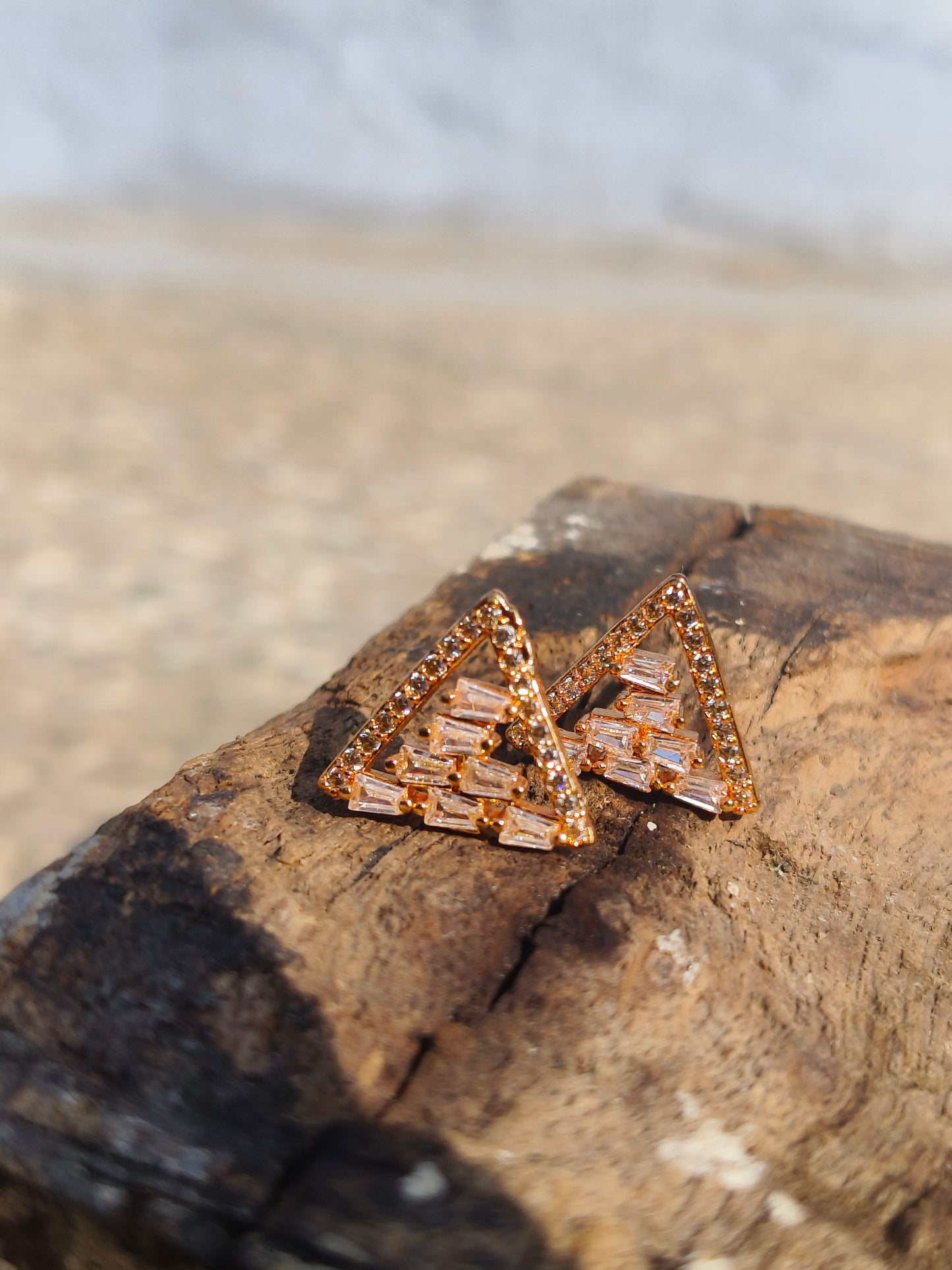 Gold-Tone Geometric Triangle American Diamond Stud Earrings