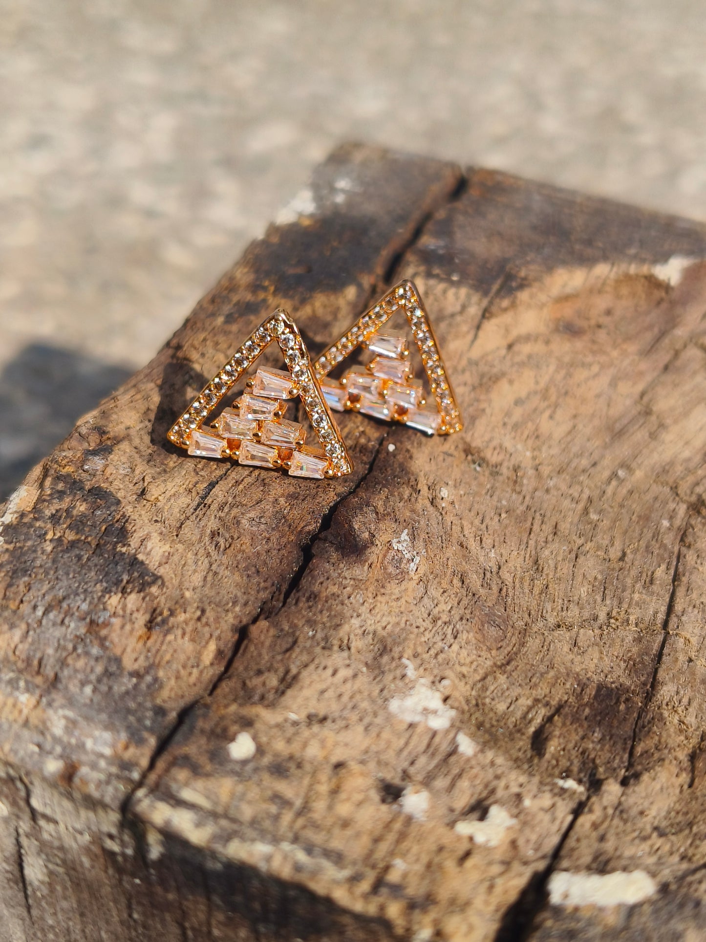 Gold-Tone Geometric Triangle American Diamond Stud Earrings