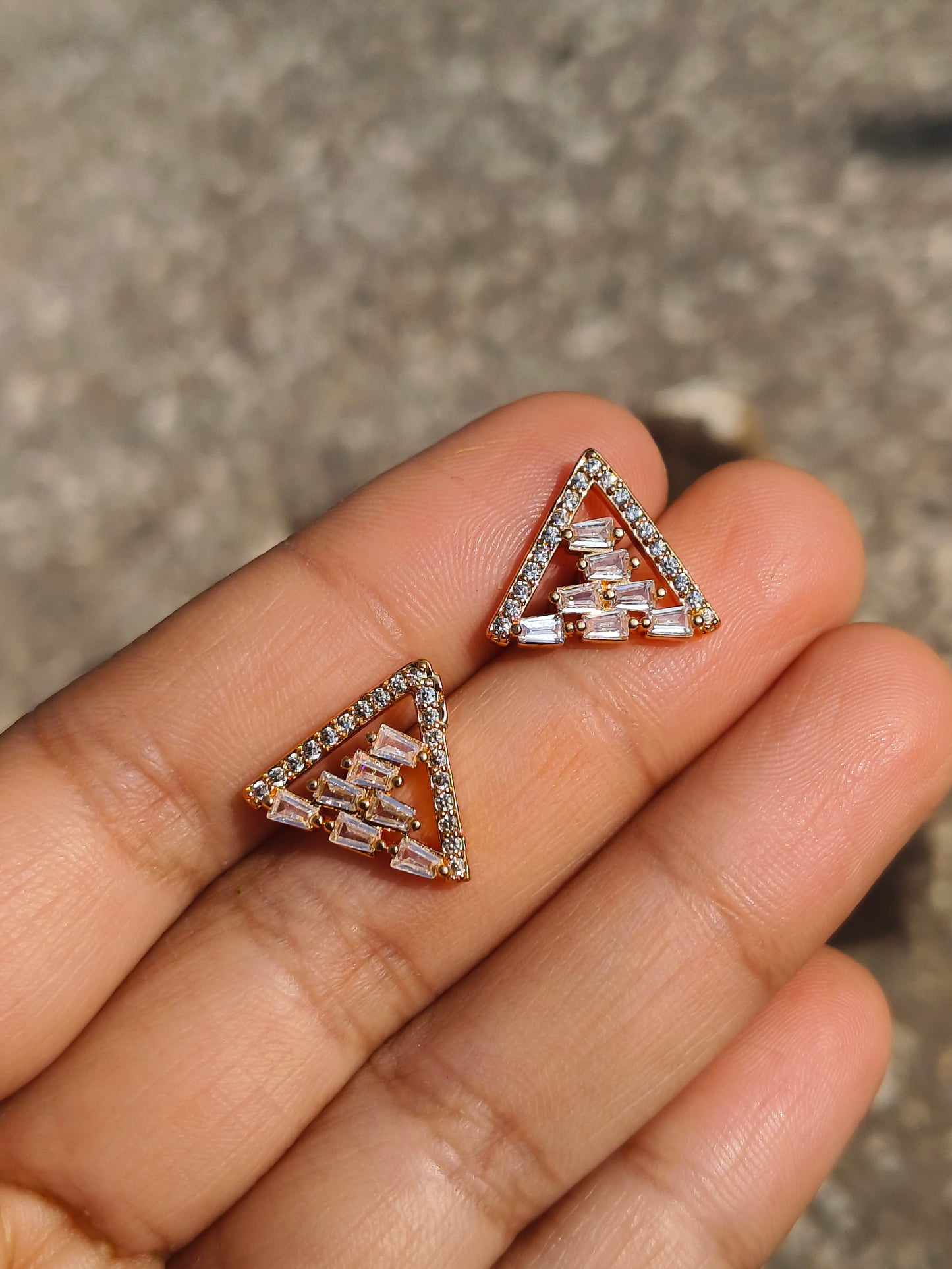Gold-Tone Geometric Triangle American Diamond Stud Earrings