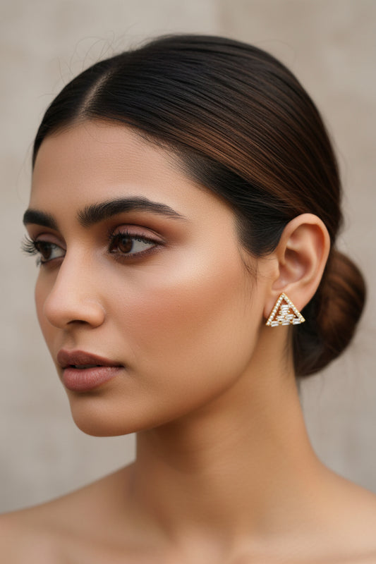 Gold-Tone Geometric Triangle American Diamond Stud Earrings