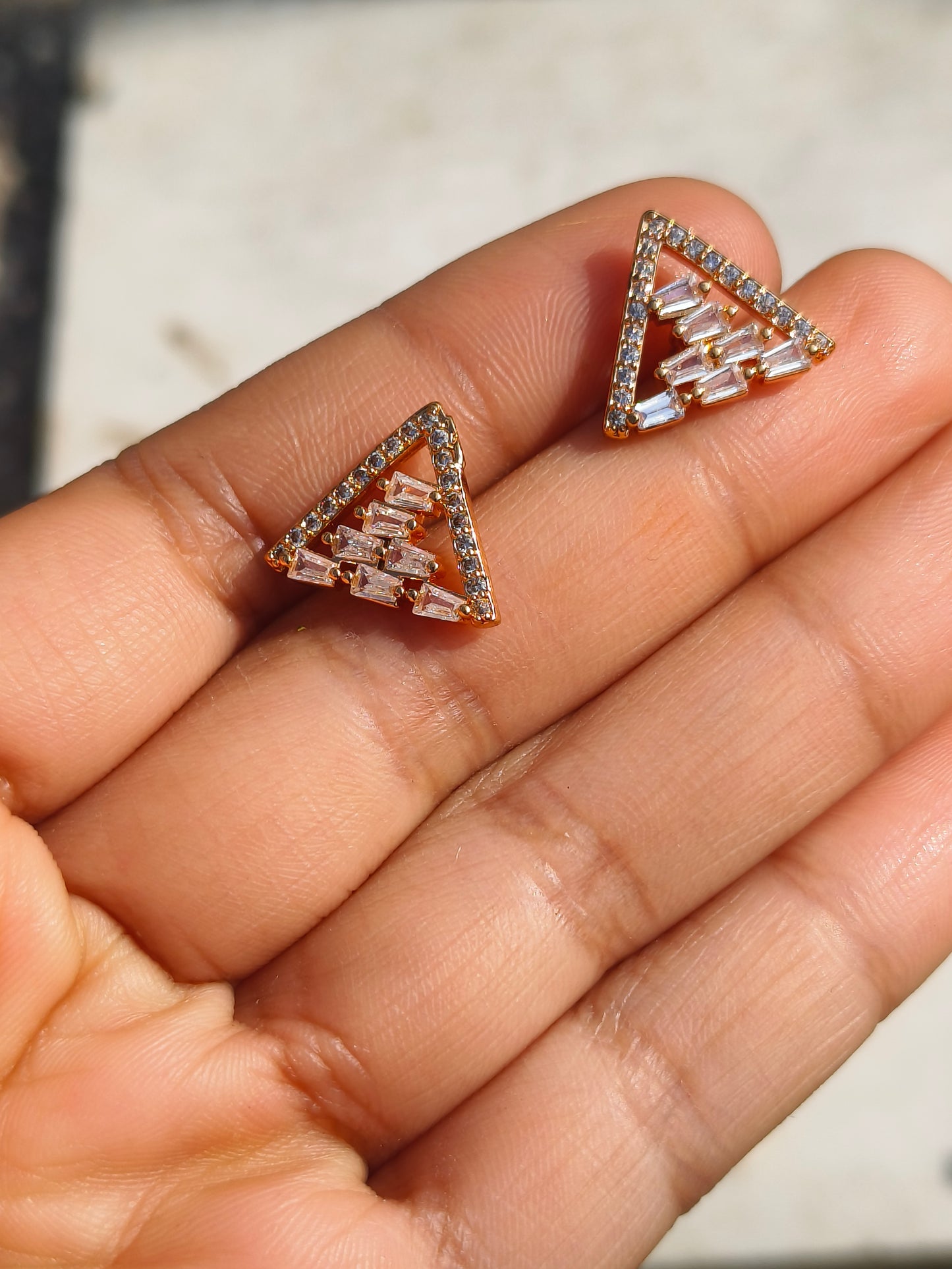 Gold-Tone Geometric Triangle American Diamond Stud Earrings