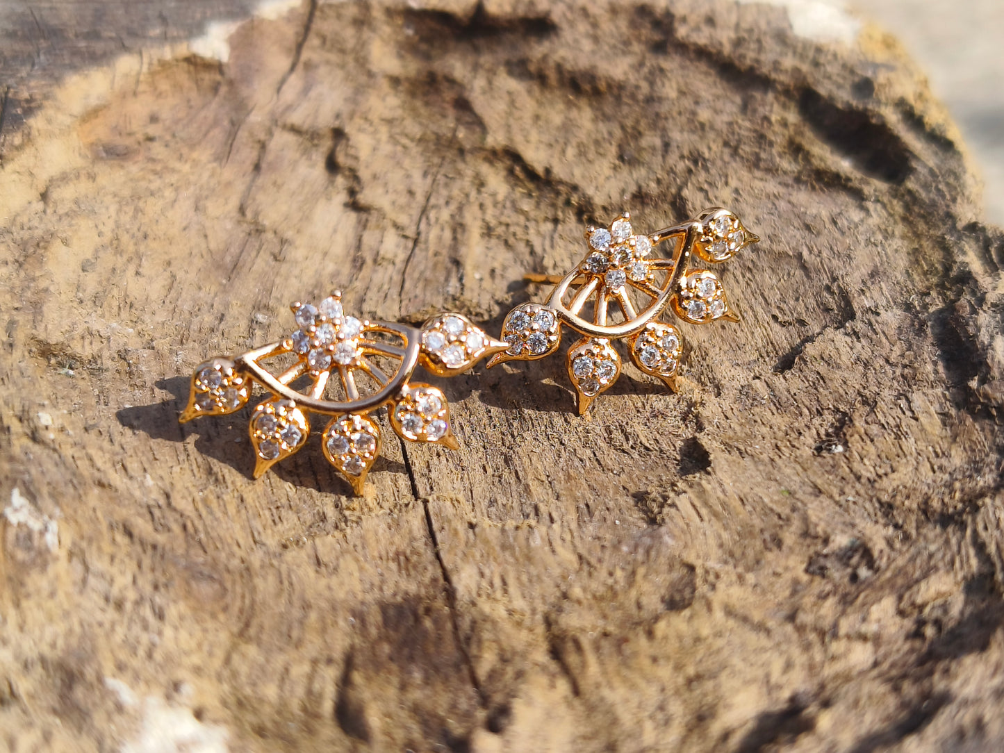 Gold-Tone Floral Fan American Diamond Stud Earrings | Elegant Ethnic Studs