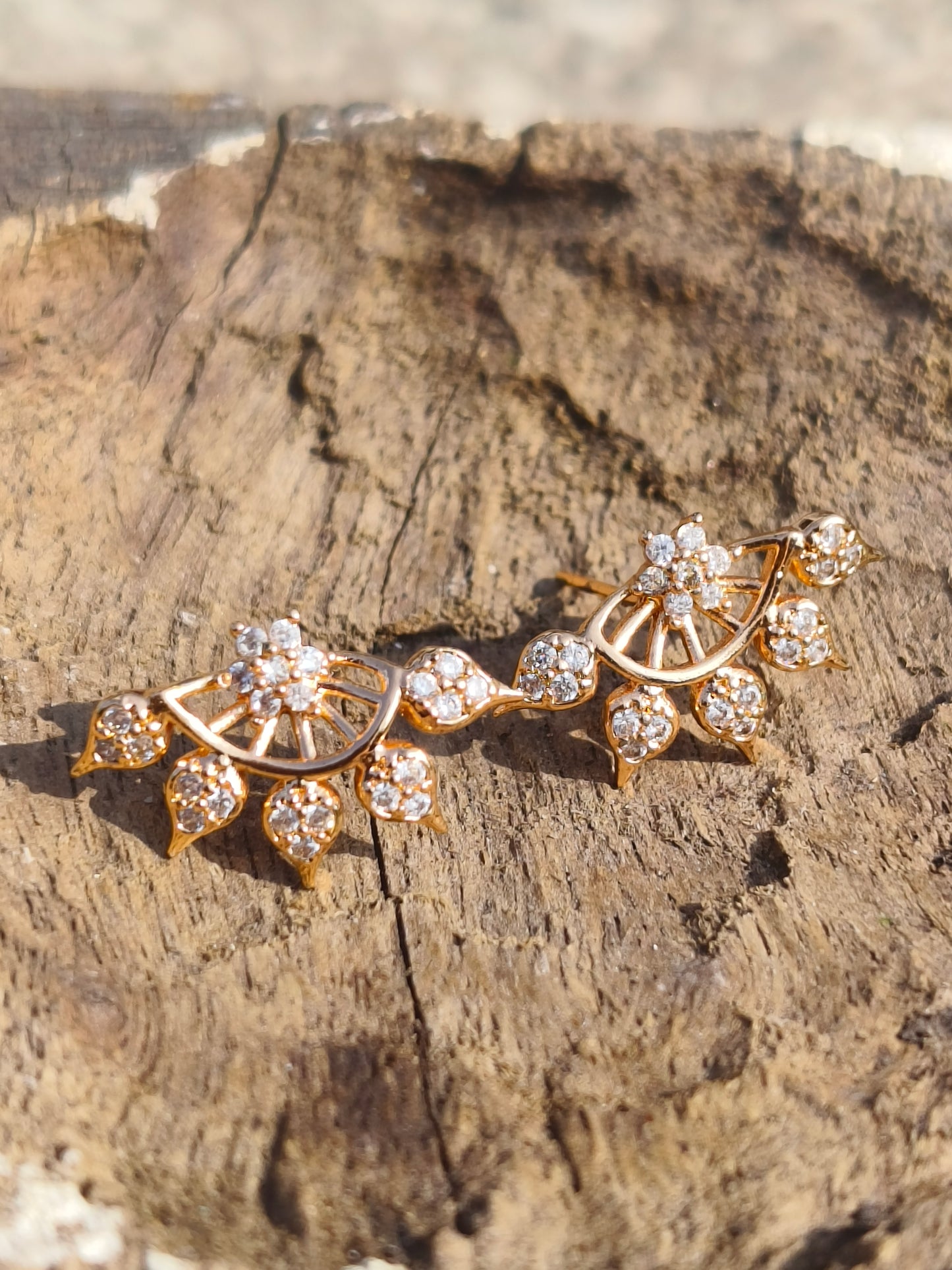 Gold-Tone Floral Fan American Diamond Stud Earrings | Elegant Ethnic Studs