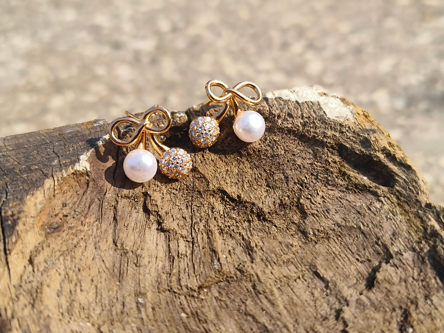 Gold-Tone Bow Pearl & American Diamond Stud Earrings | Elegant Everyday Earrings