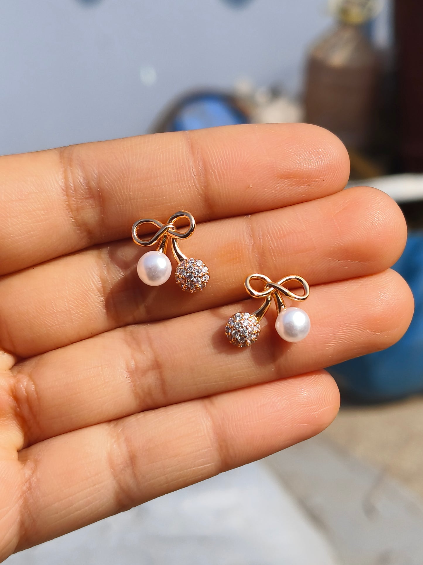 Gold-Tone Bow Pearl & American Diamond Stud Earrings | Elegant Everyday Earrings