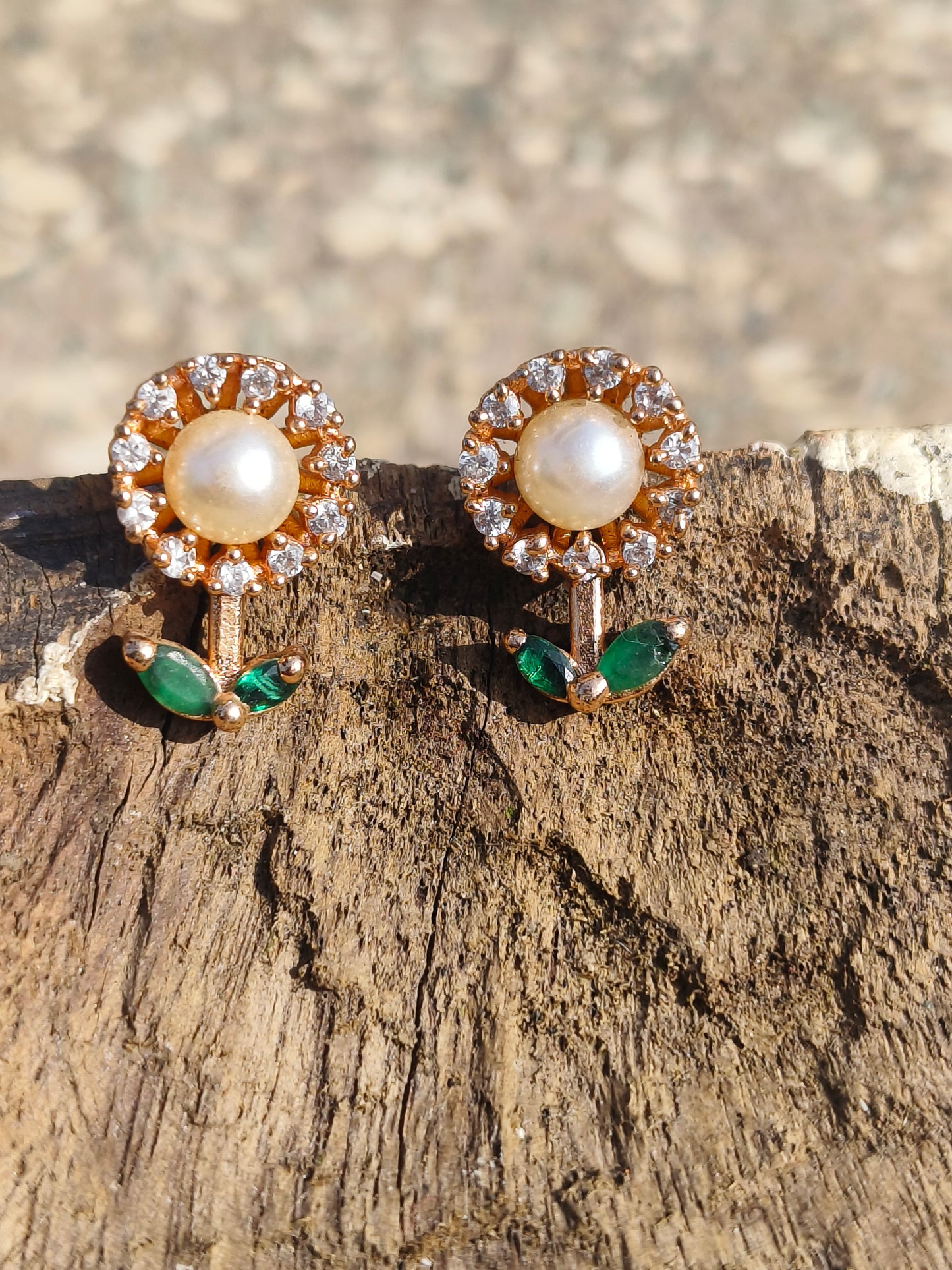 ROSE Gold-Tone Floral Pearl American Diamond Stud Earrings | Elegant Daily Wear Earrings