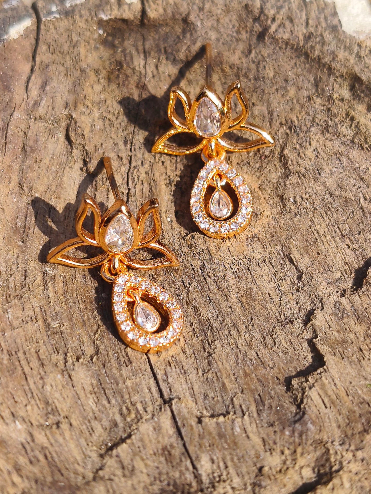 ROSE Gold Plated Lotus Drop Earrings | AD Stone Anti-Tarnish Traditional Earrings