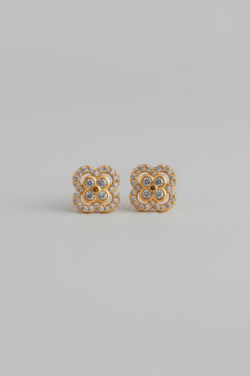 Floral American Diamond Stud Earrings | Gold Finish Designer AD Earrings for Women