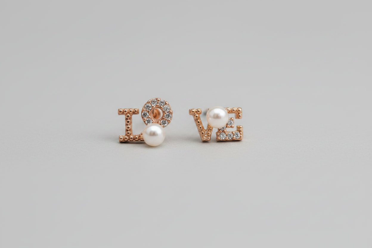 LOVE Pearl American Diamond Stud Earrings | Gold Finish Alphabet Earrings for Women