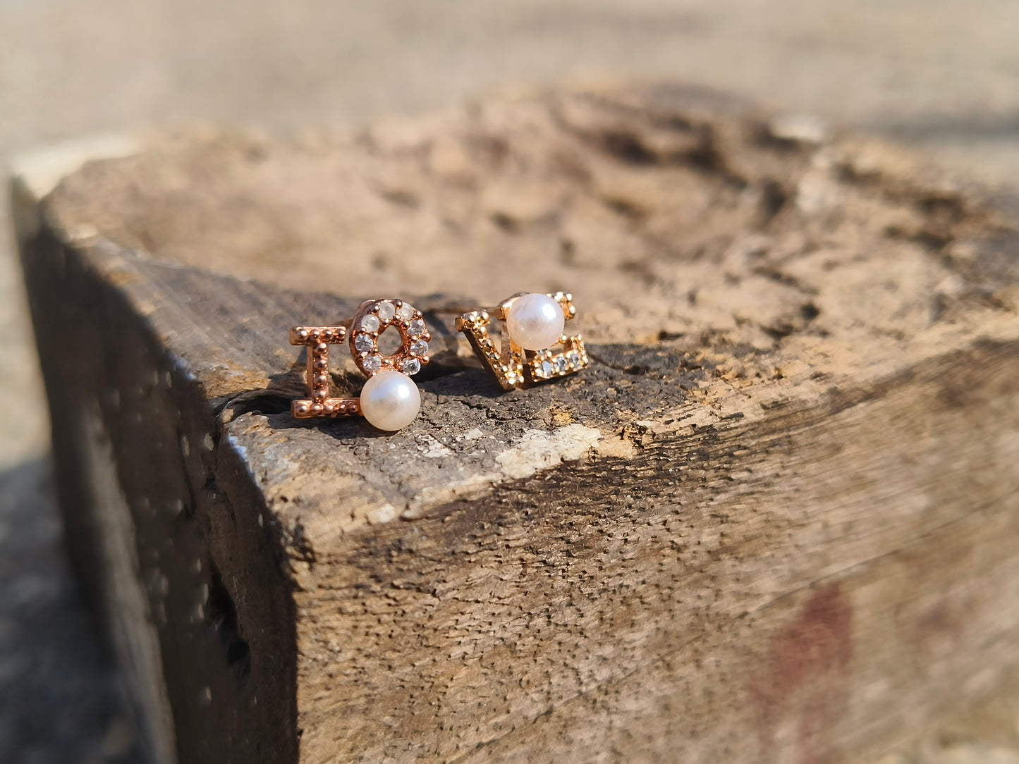 LOVE Pearl American Diamond Stud Earrings | Gold Finish Alphabet Earrings for Women