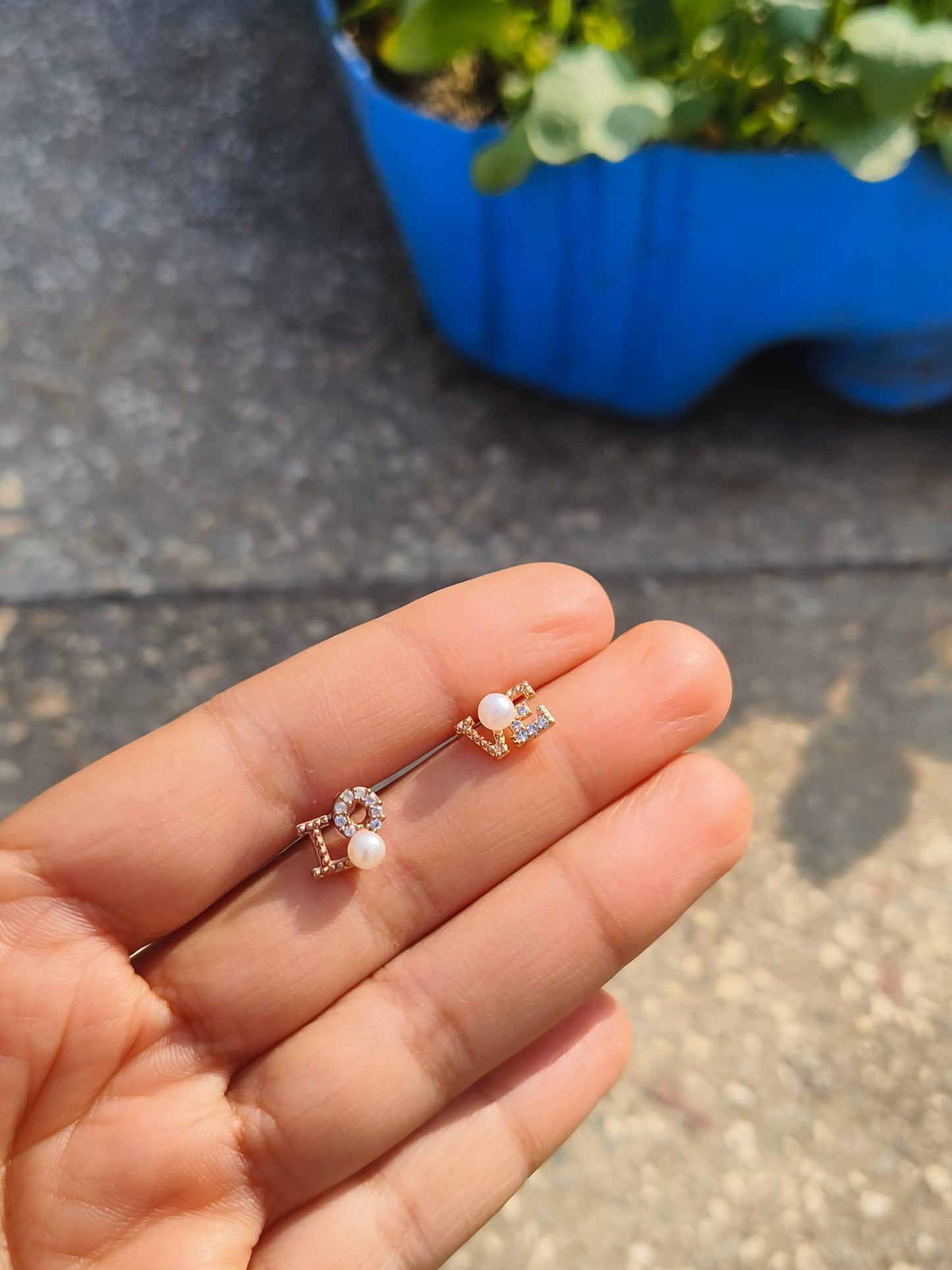 LOVE Pearl American Diamond Stud Earrings | Gold Finish Alphabet Earrings for Women