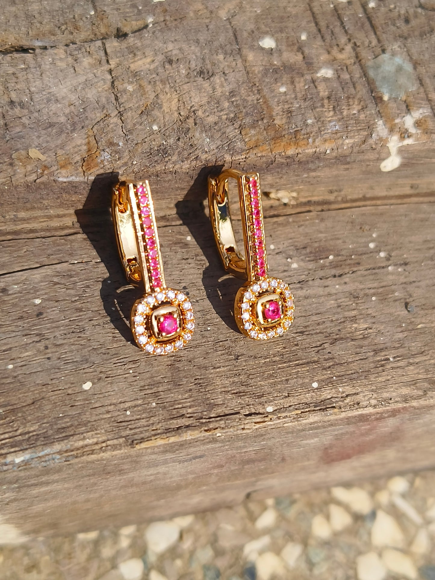 Pink Stone American Diamond Hoop Earrings | Gold Finish Designer Hoops for Women