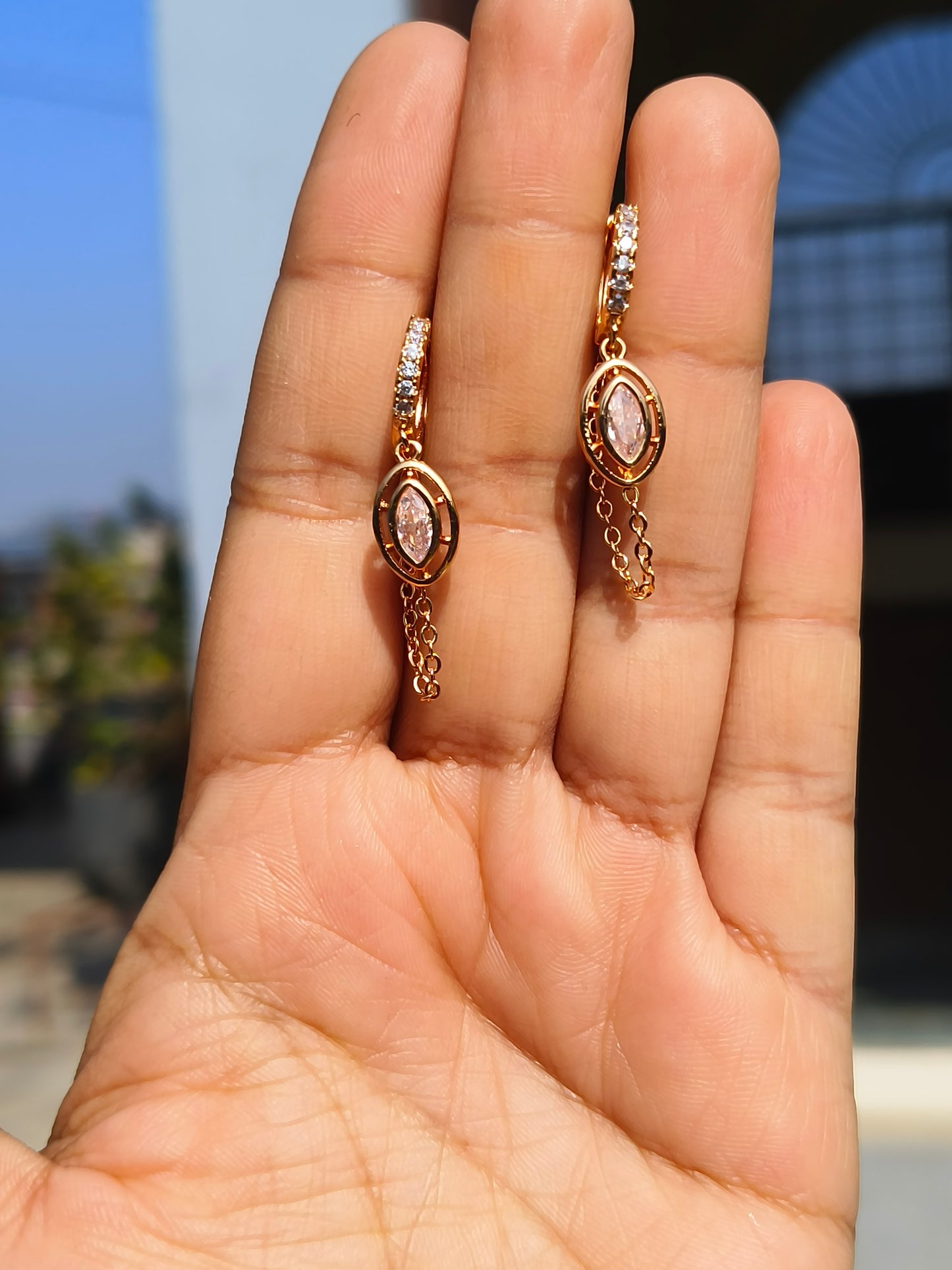 Designer American Diamond Chain Hoop Earrings | Gold Finish Statement Hoops for Women