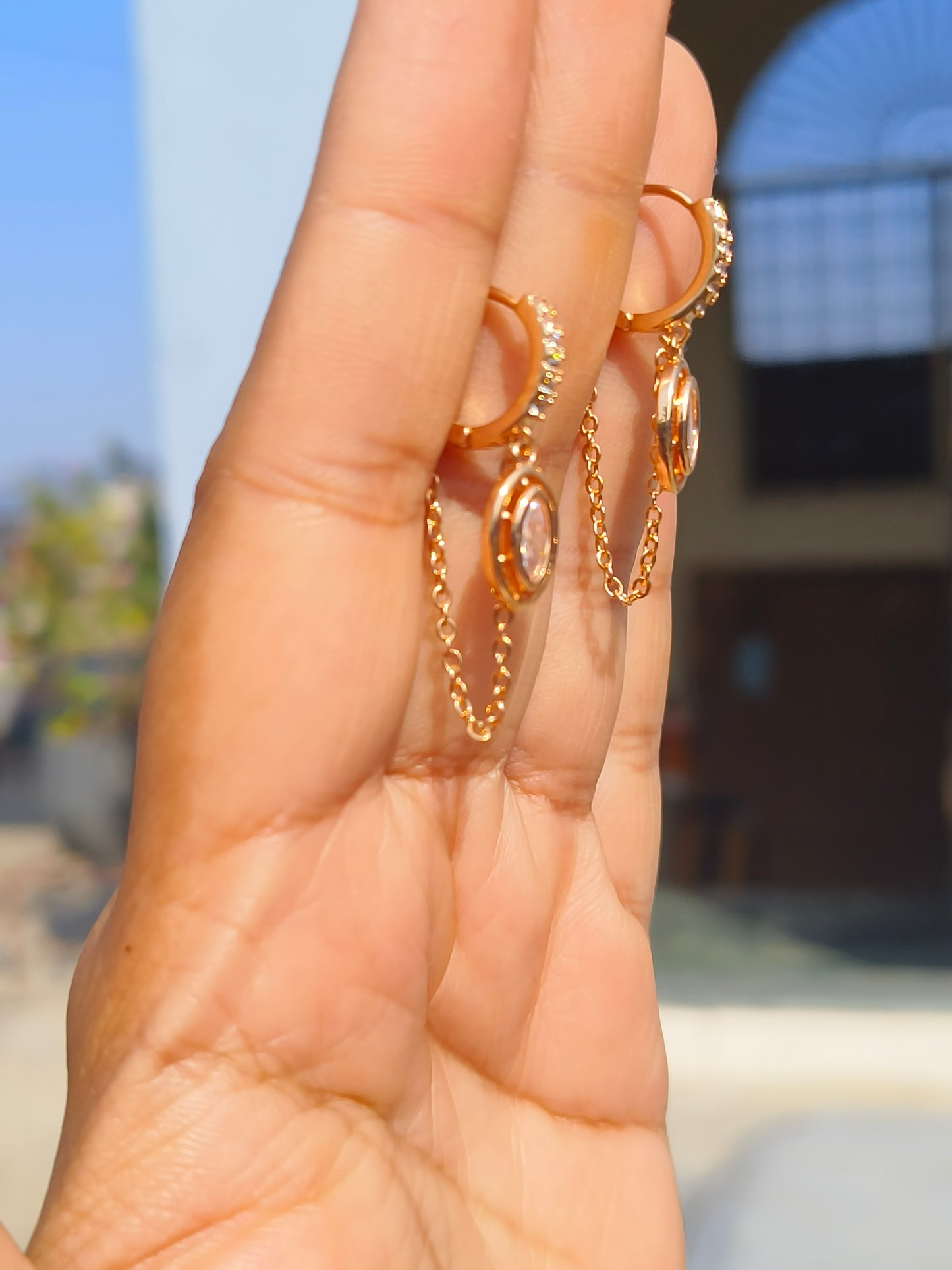 Designer American Diamond Chain Hoop Earrings | Gold Finish Statement Hoops for Women