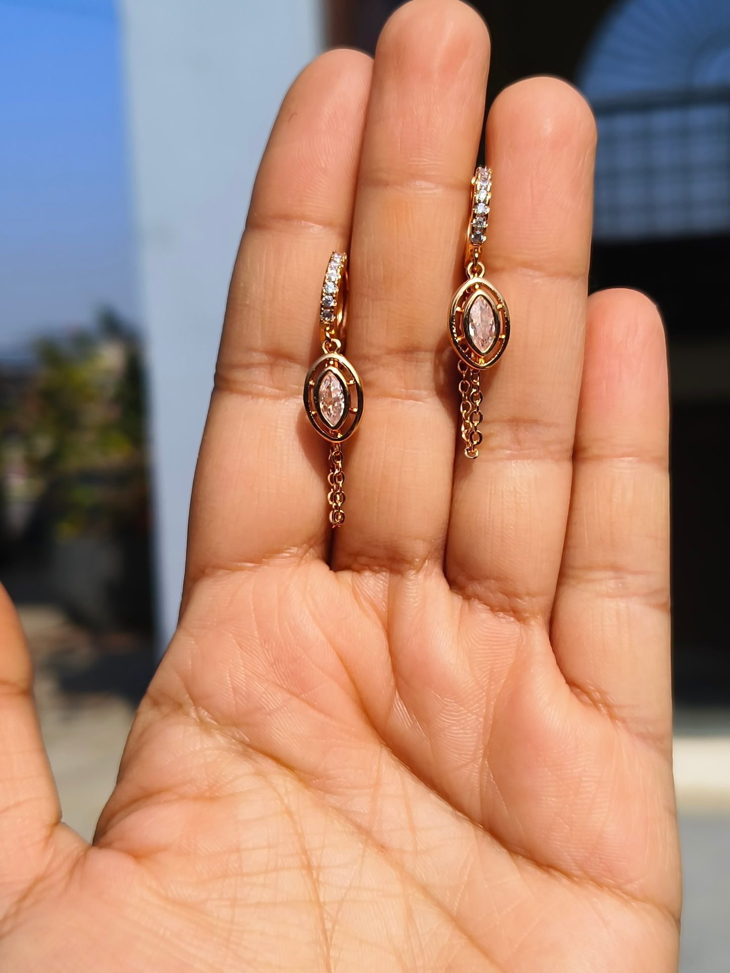 Designer American Diamond Chain Hoop Earrings | Gold Finish Statement Hoops for Women