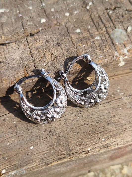 Anti Tarnish Silver Hoop Earrings for Women | Floral Design Lightweight Daily Wear Hoops