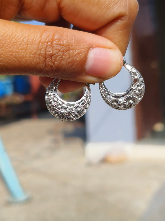 Anti Tarnish Silver Hoop Earrings for Women | Floral Design Lightweight Daily Wear Hoops