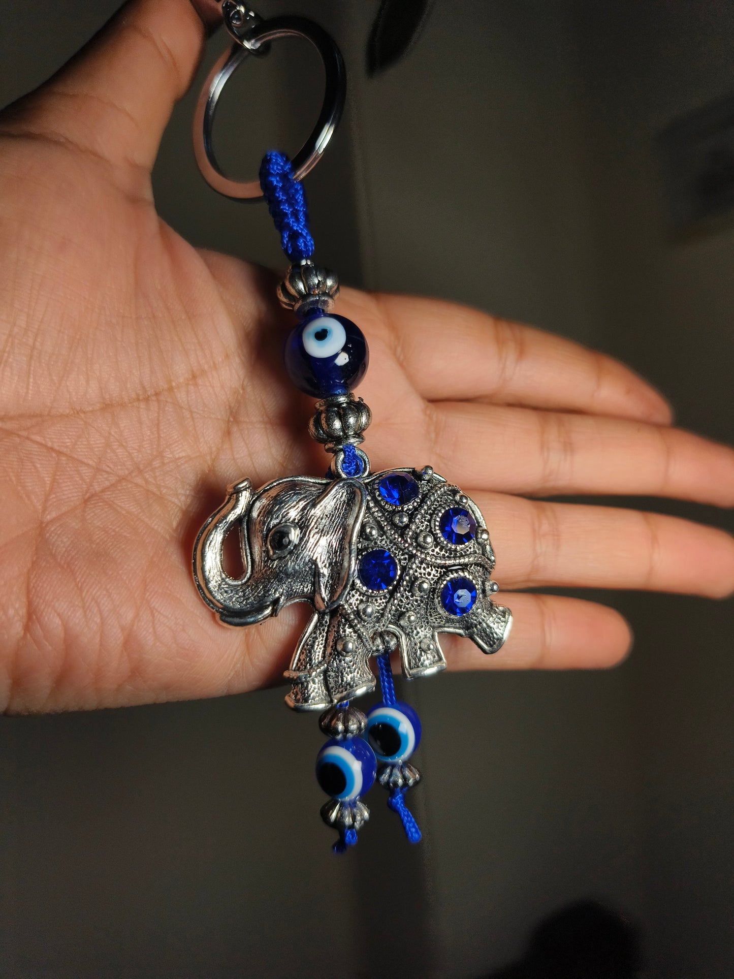 Blue Evil Eye Elephant Keychain – Silver Finish Lucky Charm for Protection & Positivity