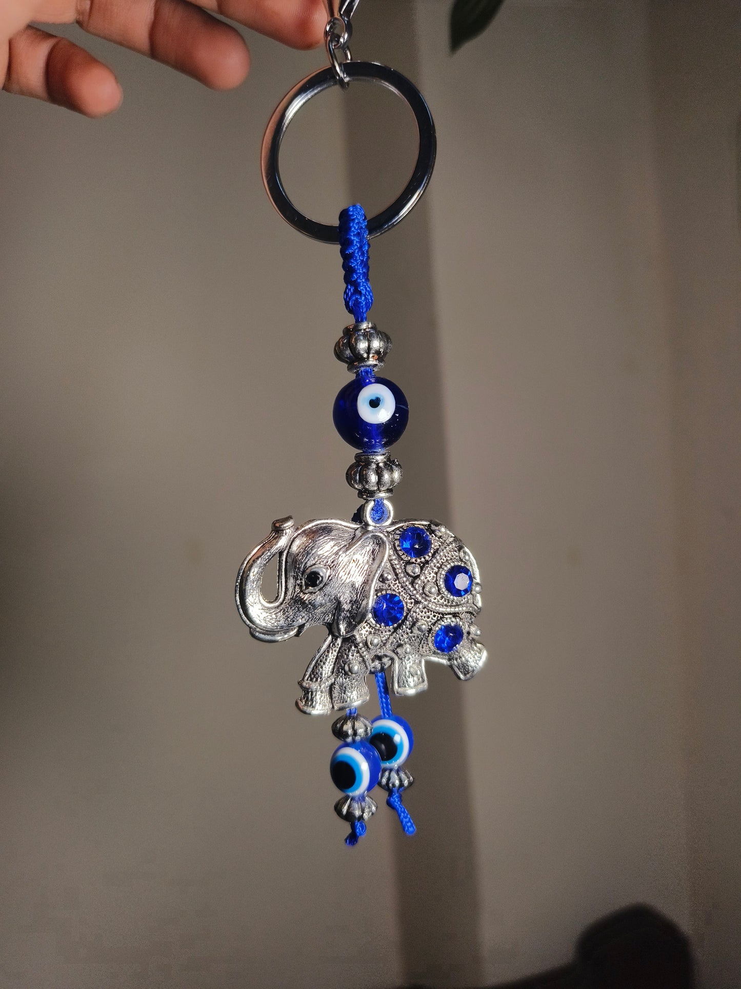 Blue Evil Eye Elephant Keychain – Silver Finish Lucky Charm for Protection & Positivity
