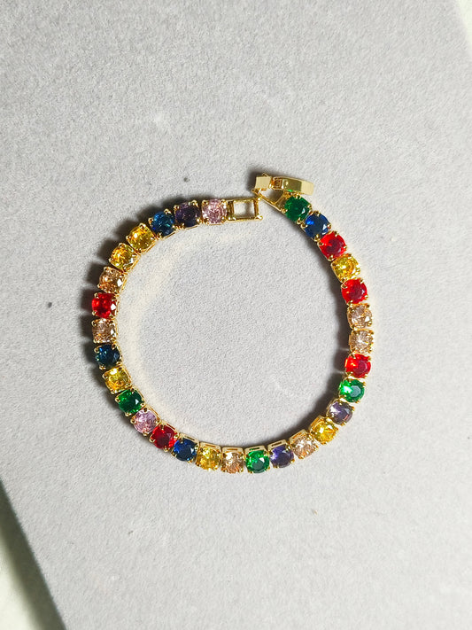 Multicolor Tennis Bracelet for Women | Rainbow Round Stone Gold Finish Bracelate