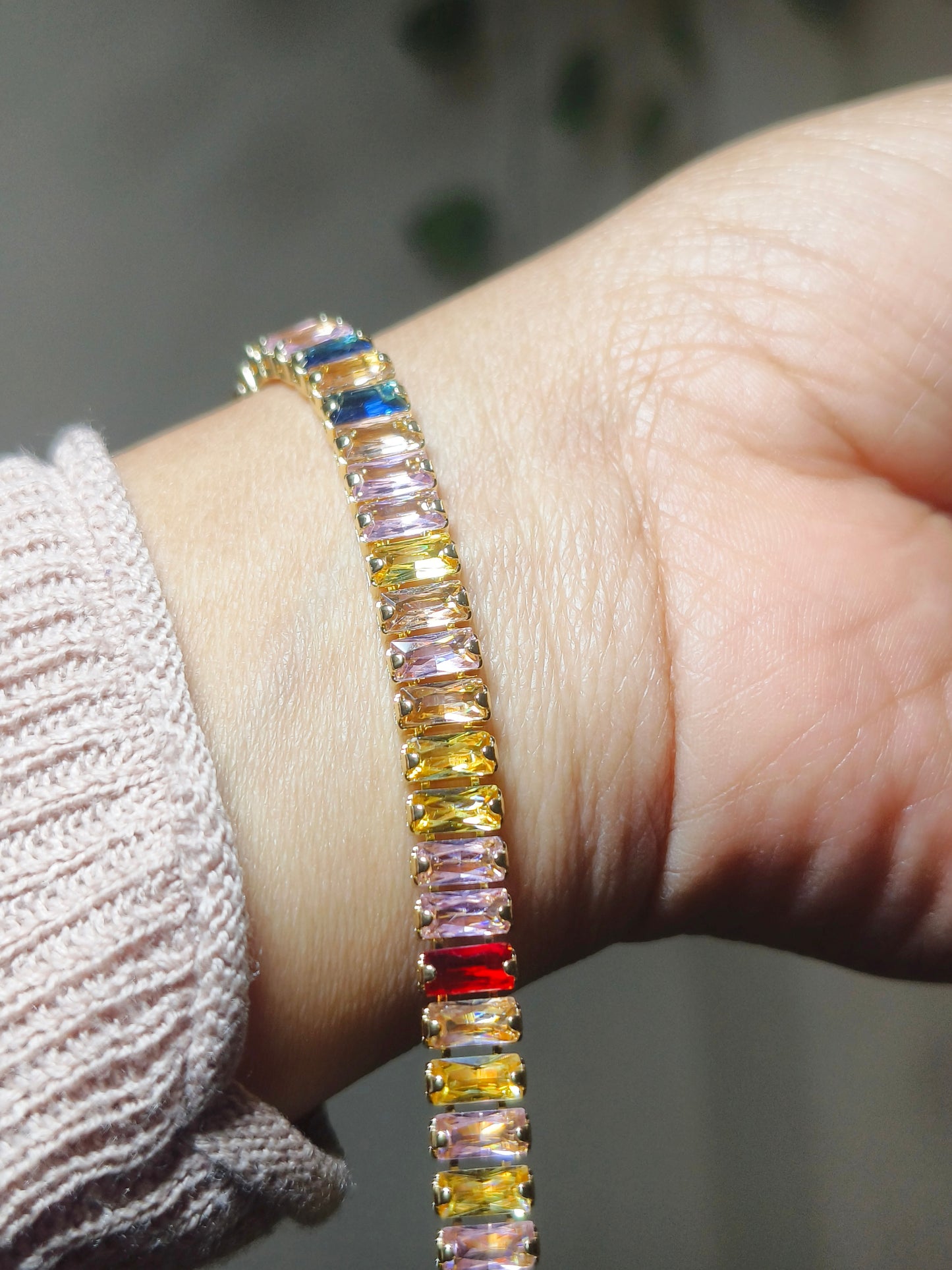 Multicolor Tennis Bracelet for Women | Rainbow Baguette Stone Gold Finish Bracelet