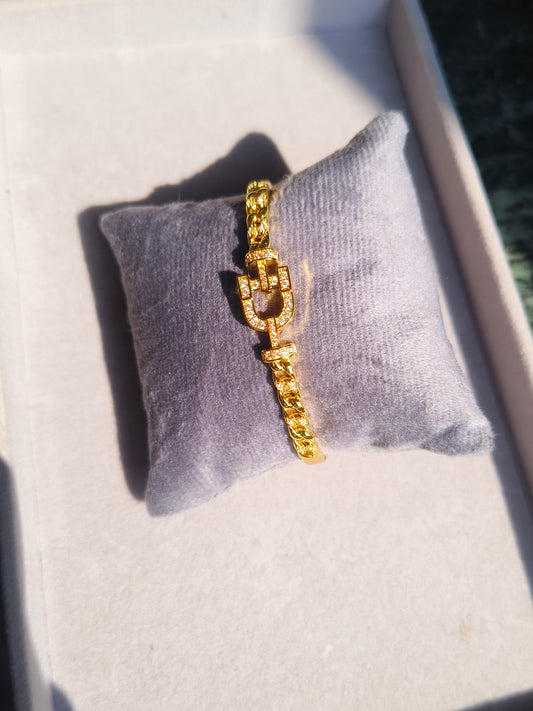 Gold Plated Cuban Chain Lock Bracelet for Women | Crystal Studded Adjustable Bracelet | Anti Tarnish Party & Daily Wear Jewellery
